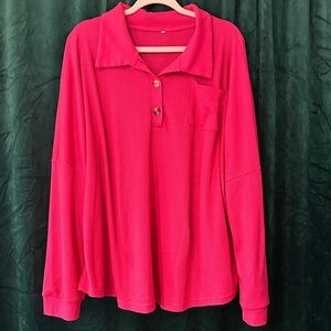 Women's Hot Pink Long-Sleeve Polo Waffle Top
